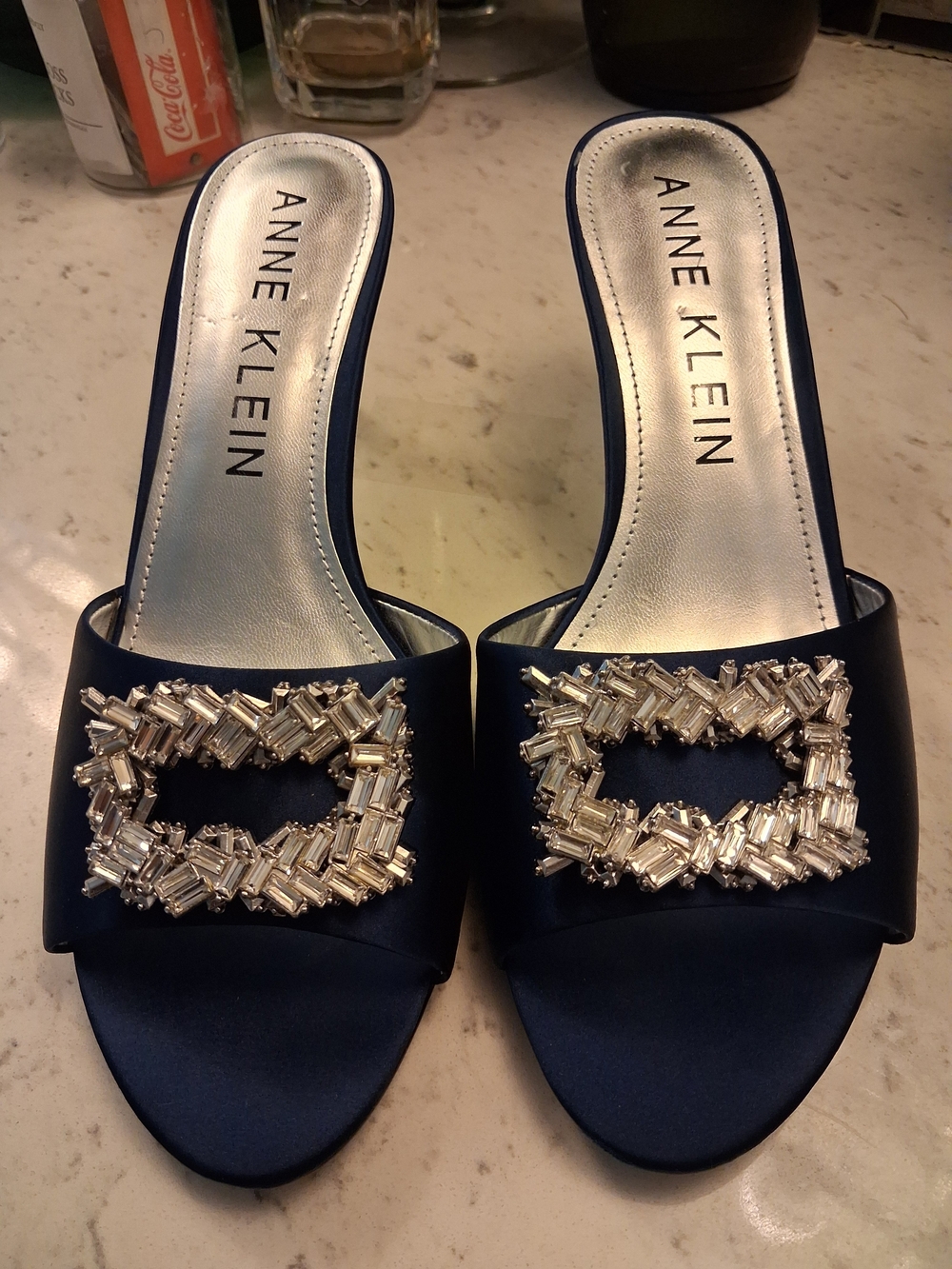 Anne Klein Navy Satin Crystal Buckle Slide Mules